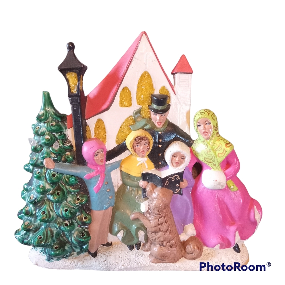 12" VINTAGE ATLANTIC MOLD CHALKWARE CHIRSTMAS CAROLERS MUSIC BOX